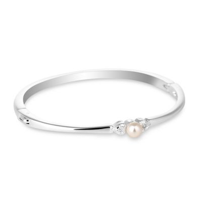 Pearl and crystal heart polished silver bangle